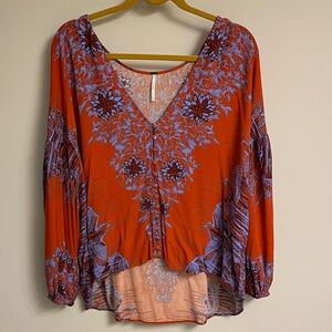 Free People Floral V-Neck Blouse - Orange and Blue